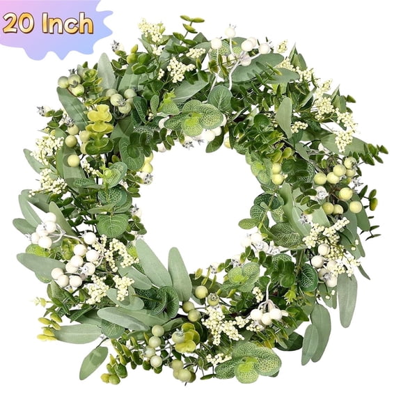 Artificial Greenery Eucalyptus Wreath for Front Door 20" - Eucalyptus Leaf and Boxwood Decor with Big Berries, Home Lei Day Decor Outdoor