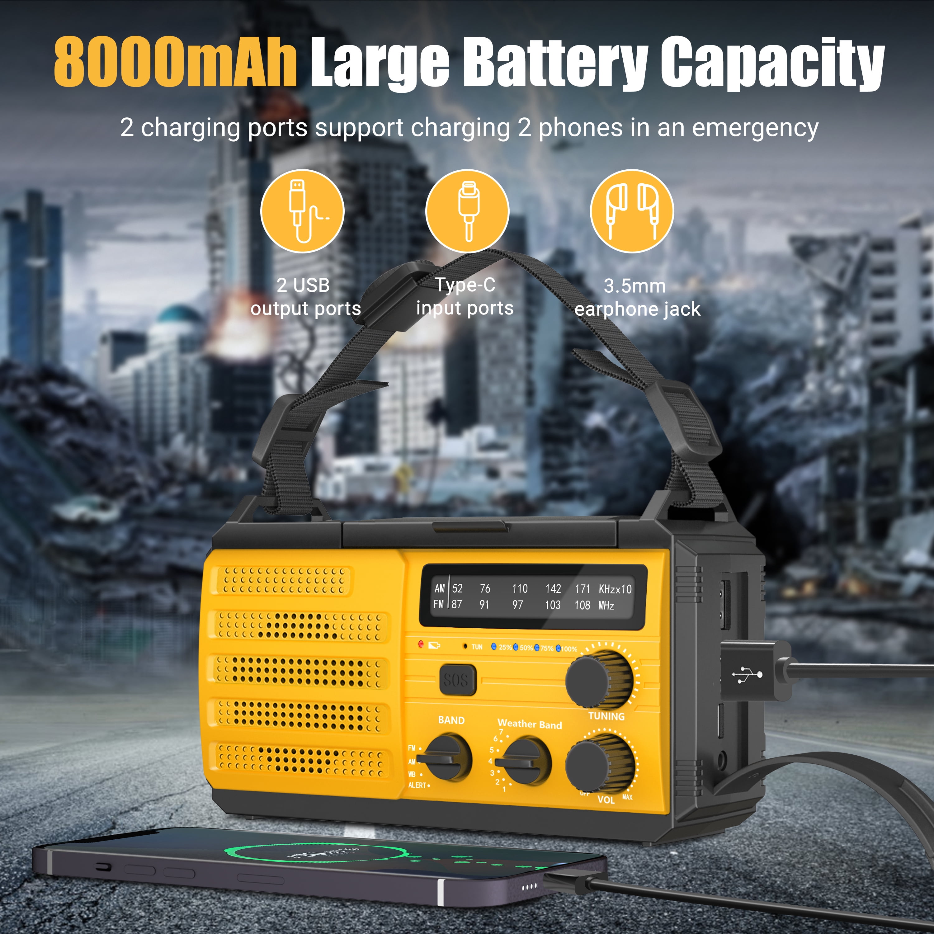 Jazmm 22200mWh Emergency Crank Radio, Emergency Solar Radio, NOAA/AM/FM Weather Radio, SOS Alarm, 6000wAh Battery Hand Crank Flashlight, Compass for Tornado, Winter Storm, and Survival Kits(Orange)