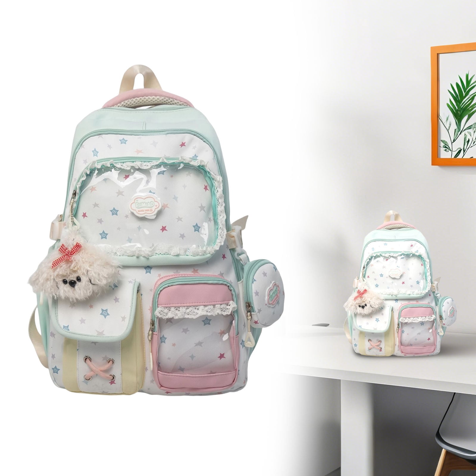 VKLU Green Kawaii Aesthetic Daypack, 16.9" Ita Bag with Transparent Window and Plush Accessory, Water Resistant Rucksack for Academic Success, Lightweight and Sturdy