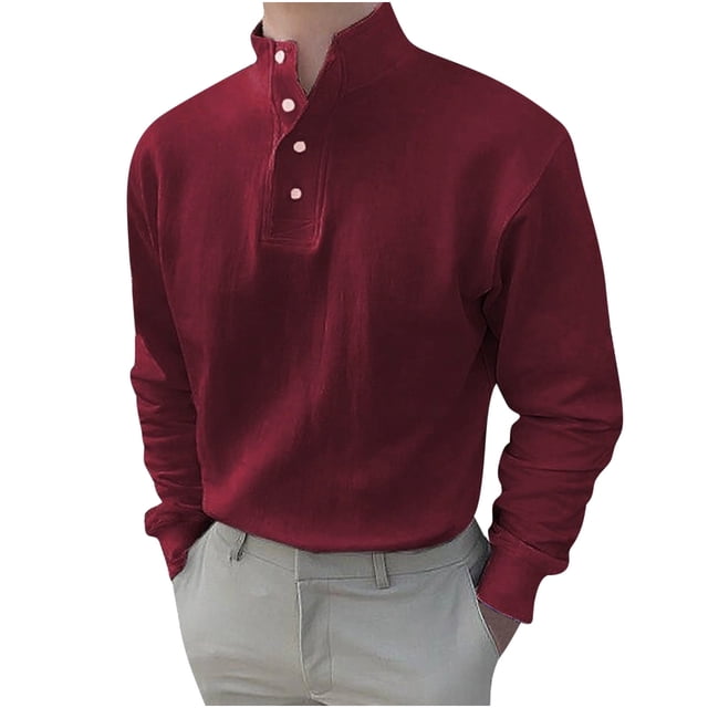 Pompotops Chemise Décontractée pour Hommes Couleur Unie Col en V Chemise à Manches Longues Col Roulé en Solde