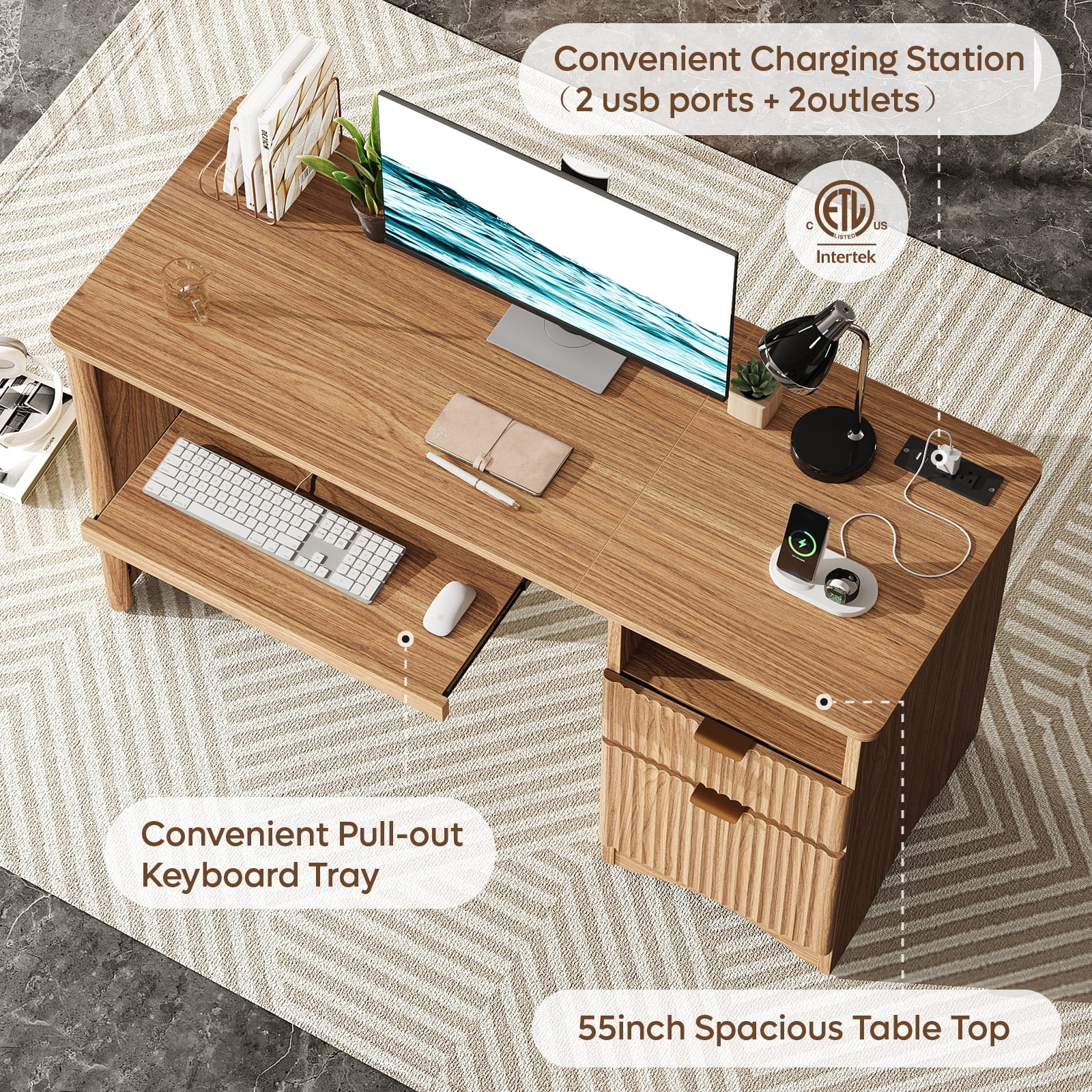 Bestier 55" Computer Writing PC Desk Home Office with Power Outlets Keyboard Tray and Storage Drawers, Brown