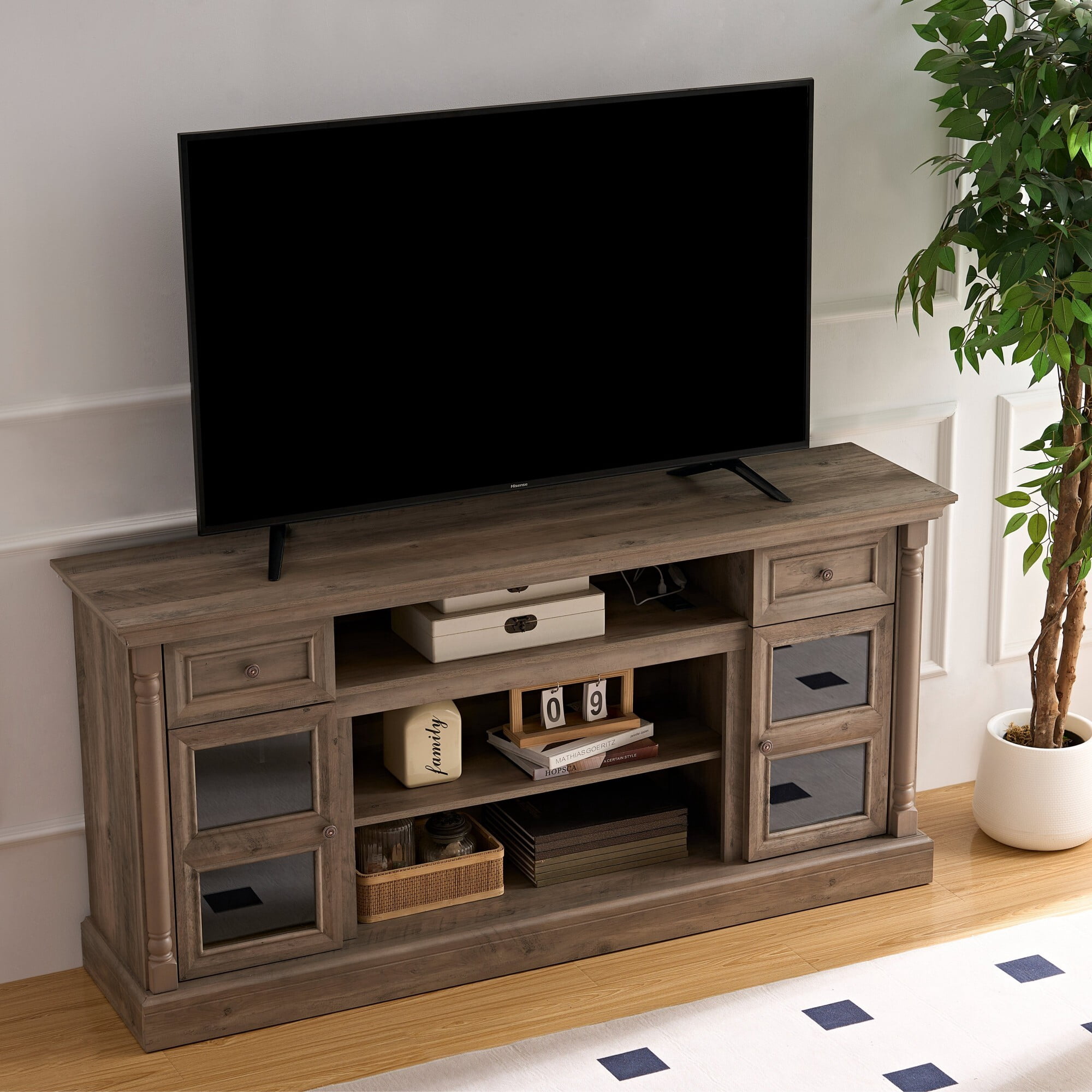 AENKYO 66" Farmhouse TV Stand with RGB LED Lights, Adjustable Shelves & Glass Doors for TVs up to 70in, Walnut