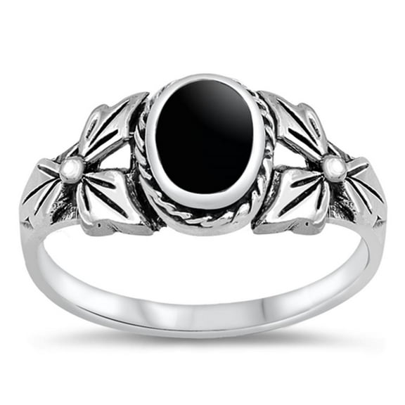 CHOOSE YOUR COLOR Simulated Black Onyx Flower Leaf Cutout Ring .925 Sterling Silver Band CZ Female Size 5