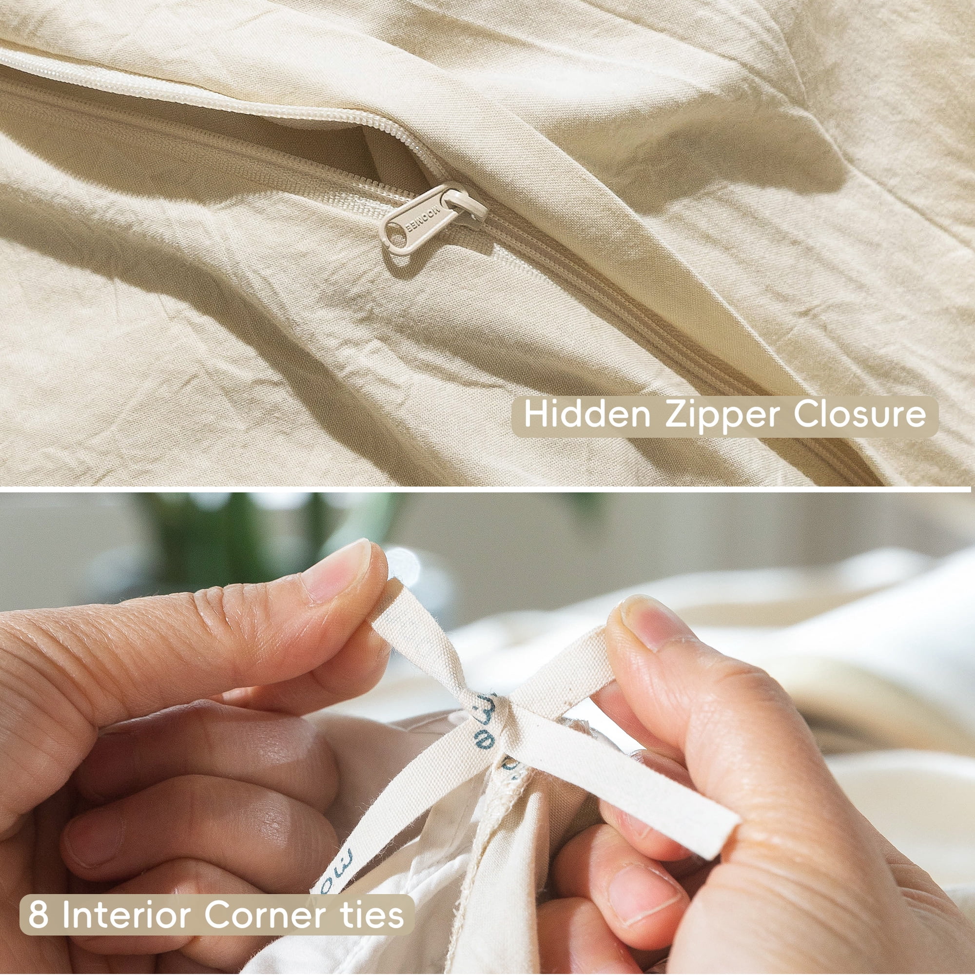 MooMee 100% Washed Cotton Duvet Cover Set Full Size Linen Like Textured Breathable 3-Piece (Almond Milk Grey, 80"x90")