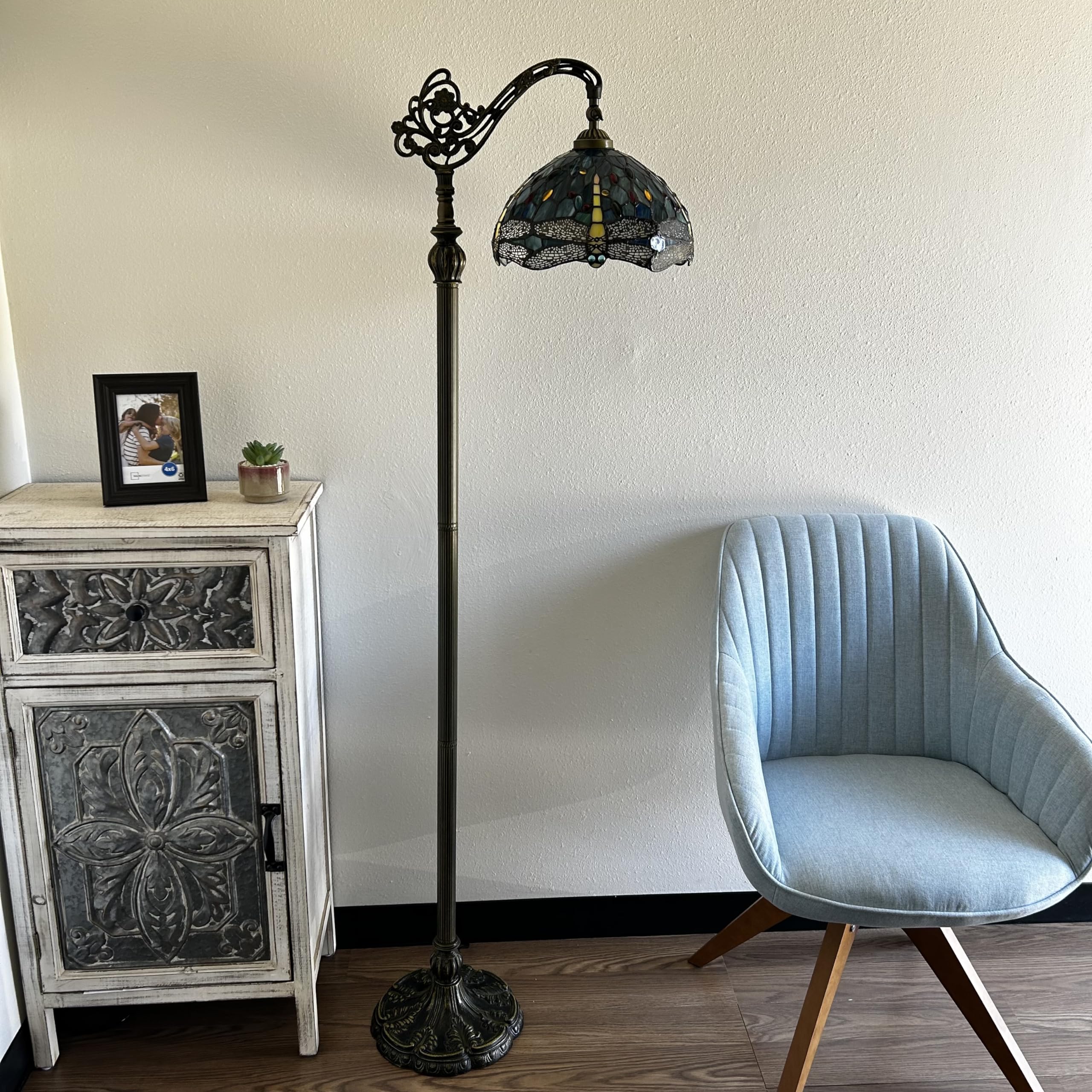Enjoy Décor Lamps Tiffany 1-Light Dragonfly Gooseneck Adjustable LED Bulb Included Reading Floor Lamp with Stained Glass Bowl Multicolor