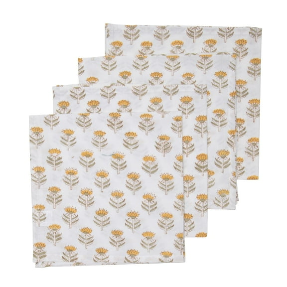 KOUBOO Unique Home Decor Dinner Napkins, Hand Block Print, Set of 4 Pieces, Yellow