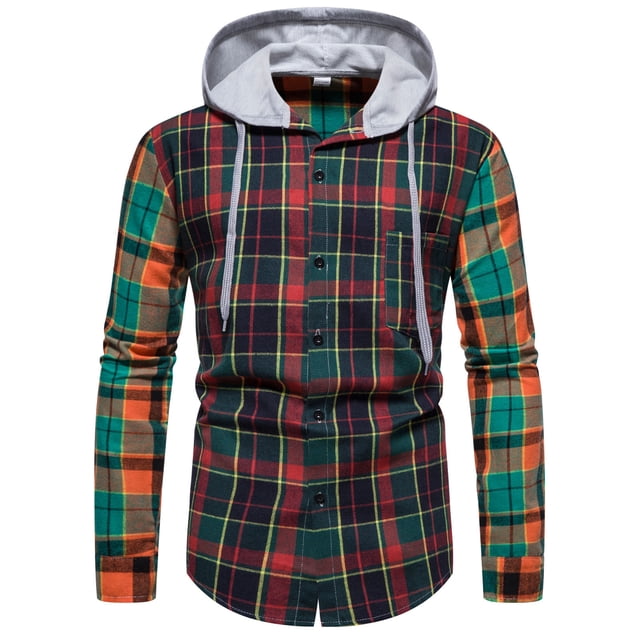 Camisas De Vestir Para Hombre Camisa de manga larga con cuello encapuchado para hombre, informal, de invierno y primavera, con estampado a cuadros, blusa (Red, XL)