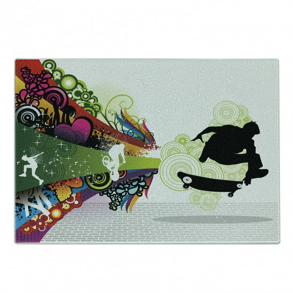 Teenager Cutting Board, Vivid Young Theme Design with Scater Boy and Rainbow Colores Swirls Borders Print, Decorative Tempered Glass Cutting and Serving Board, Small Size, Multicolor, by Ambesonne