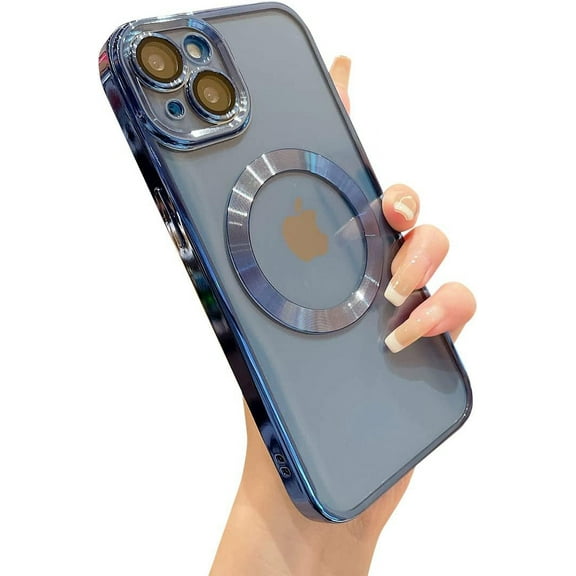 for iPhone 13 Case  Clear with Camera Lens Protector Full Protection MagSafe Electroplated Silicone Dust-Proof Net Shockproof Protective Case Cover 6.1 Inch - Blue