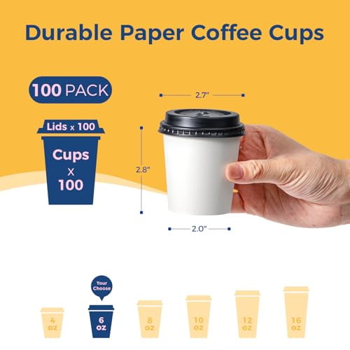 Fit Meal Prep 100 Pack 6 oz Disposable Coffee Cups with Lids, Premium To Go  Paper Cups, Leak Proof Hot Coffee Cups with Lids for Travel, Office, ...