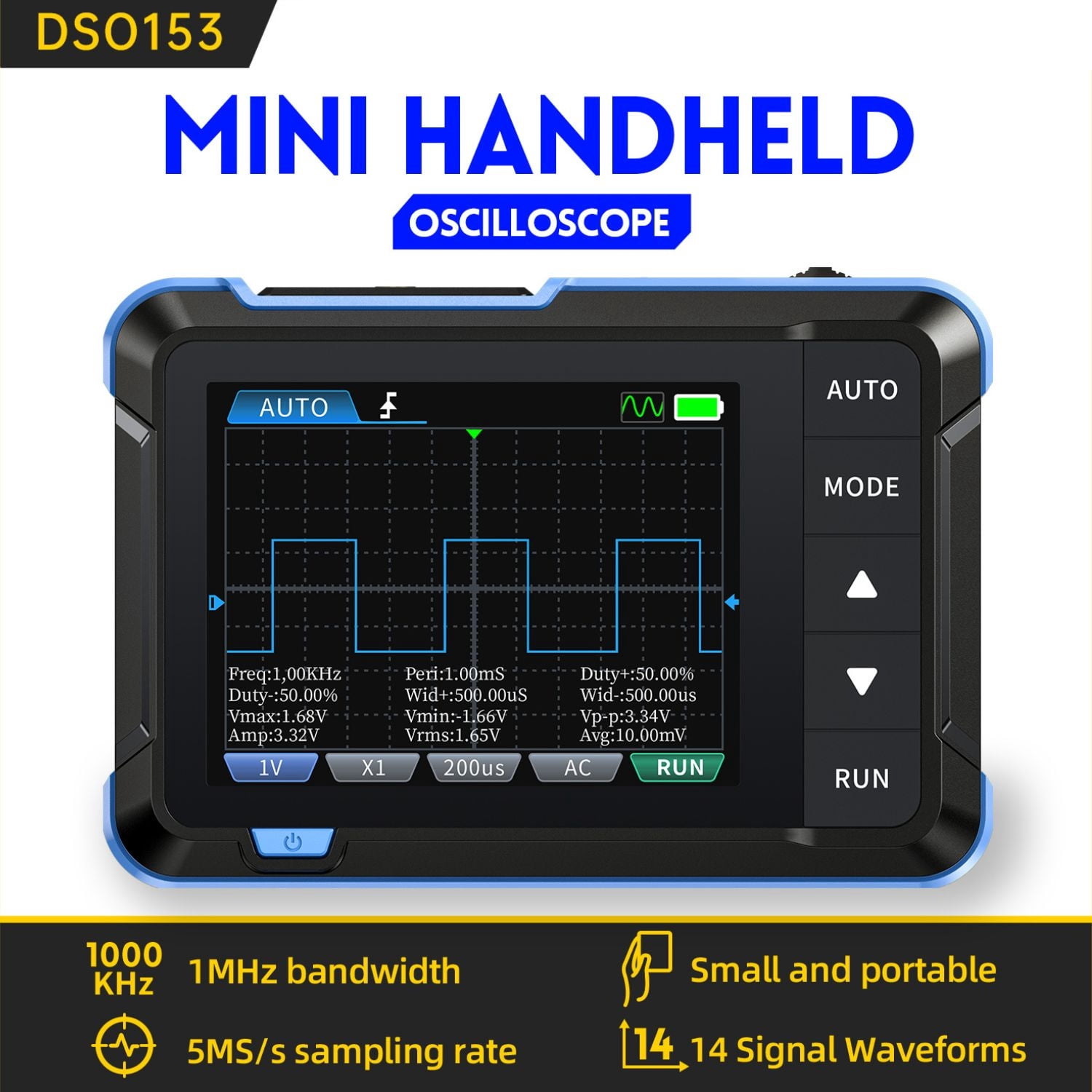 Meponn Handheld Digital Oscilloscope DSO-153 1MHz Bandwidth, 5MS/s Sampling Rate, 2.8 Inch HD LCD with 10KHz Signal Generator, 1-Count