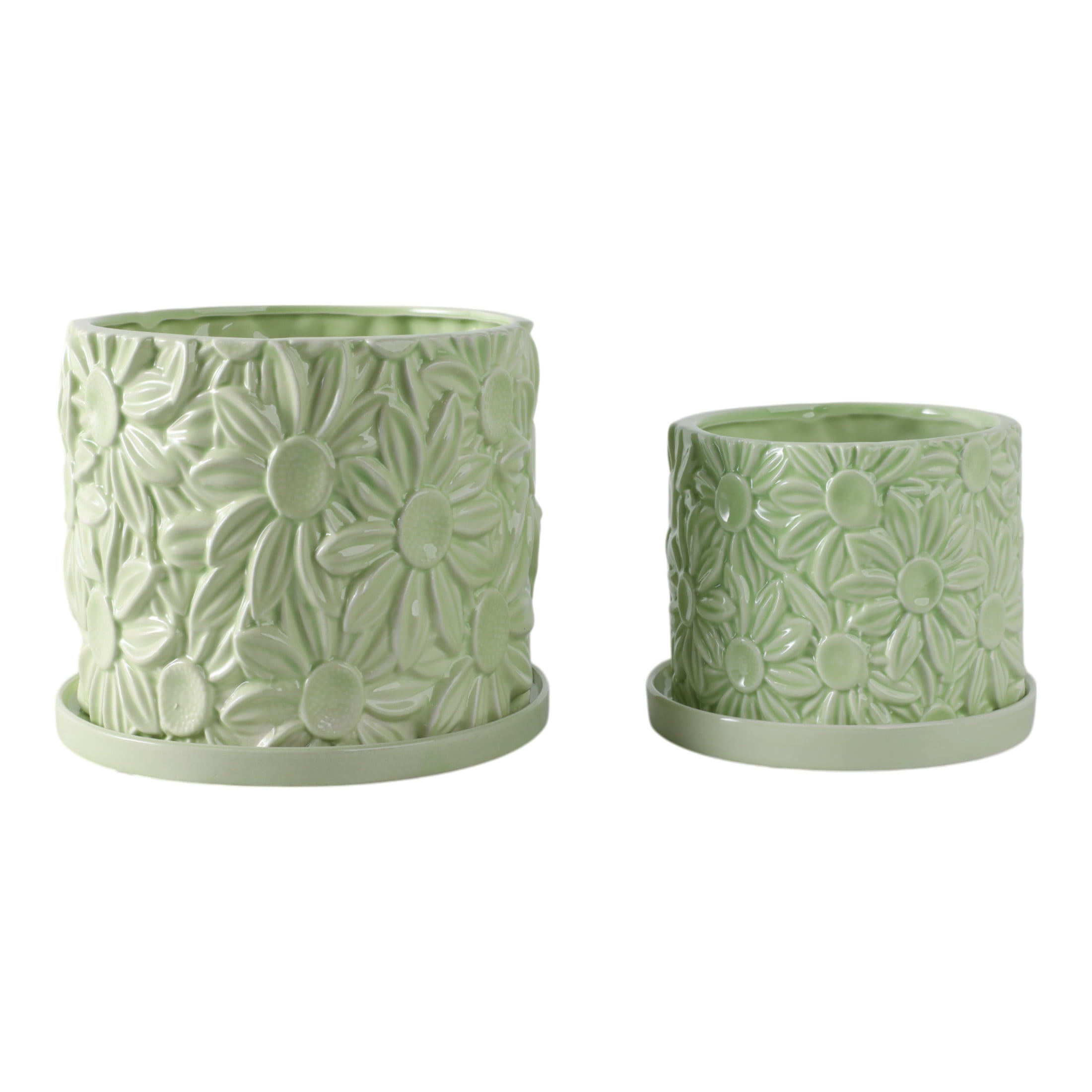 Decorative Daisy Flower Pot Planter for Home Decor - Stylish Indoor and Outdoor Pots for Plants - Chic Modern Plant Pots for Living Room, Patio, or Plant Stand Indoor - Set of 2, 7", 5", Green