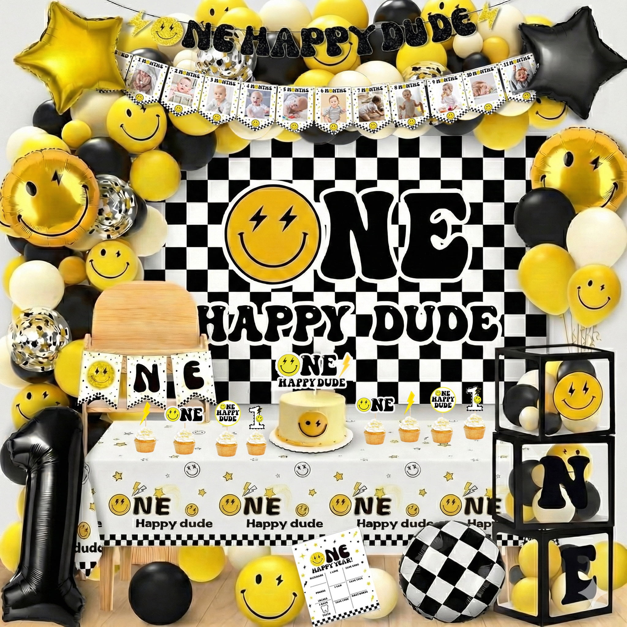 EMPIRE PARTY Supply 1st Birthday Party Decoration Kit, One Happy Dude Theme, Backdrop, Balloon Arch, ONE Boxes, High Chair Banner, Unisex