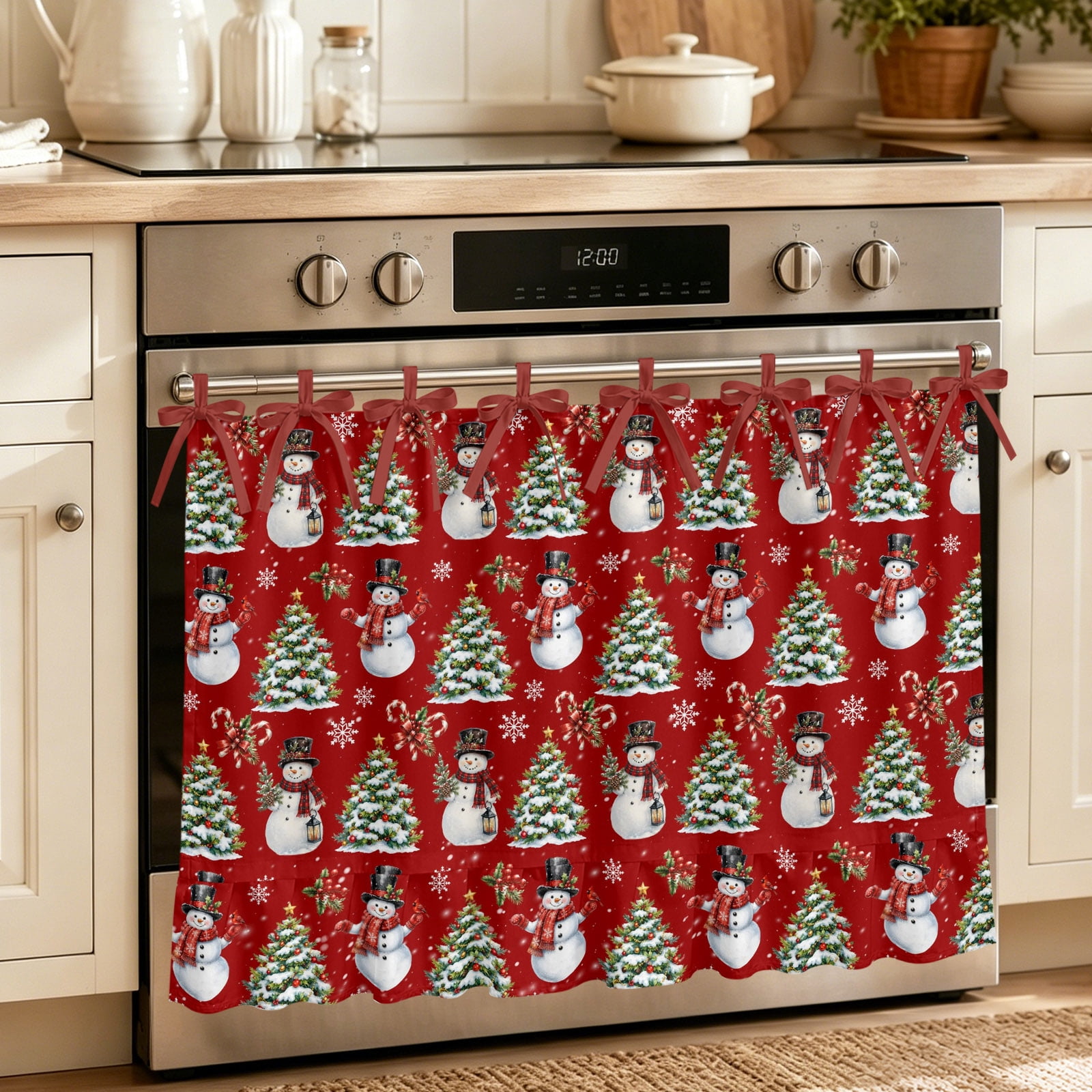 Oven Curtain for Kitchen Winter Christmas Snowman Stove Curtain With Ruffled Trim Dishwasher Curtains Xmas Trees Snowflake on Red Oven Skirt 27 x20