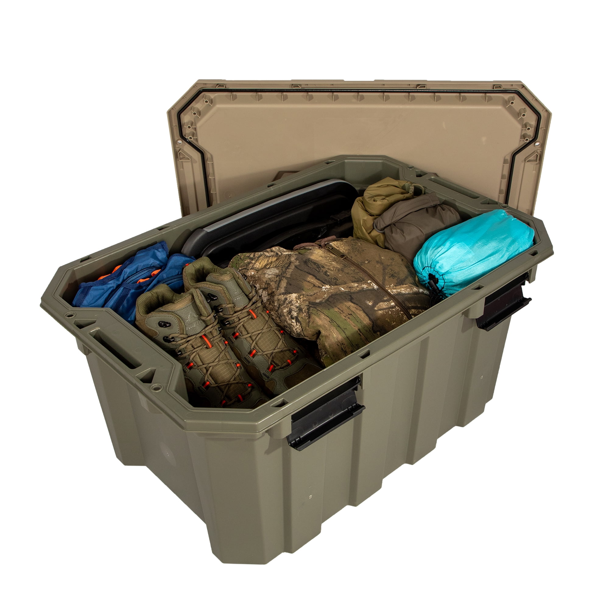 Realtree® WEATHERMAX™ 24 Gallon Green and Tan Storage Tote with Latching Lid, Heavy Duty Plastic Storage Bin, Pack of 2