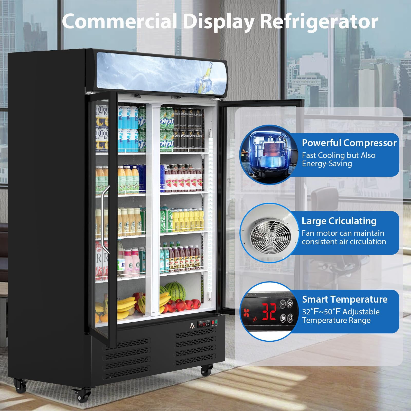Beverage Cooler Commercial Refrigerator 36.3 Cu.Ft. Glass Door Display Refrigerator with LED Light, Commercial Refrigerator for Restaurant Cafe Bar Store