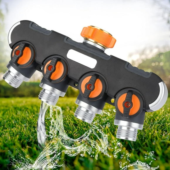 4 Way Garden Hose Splitter with 4 Valves, 3/4 Inch Heavy Duty Hose Water Manifold Connector for Outdoor Faucet Adapter