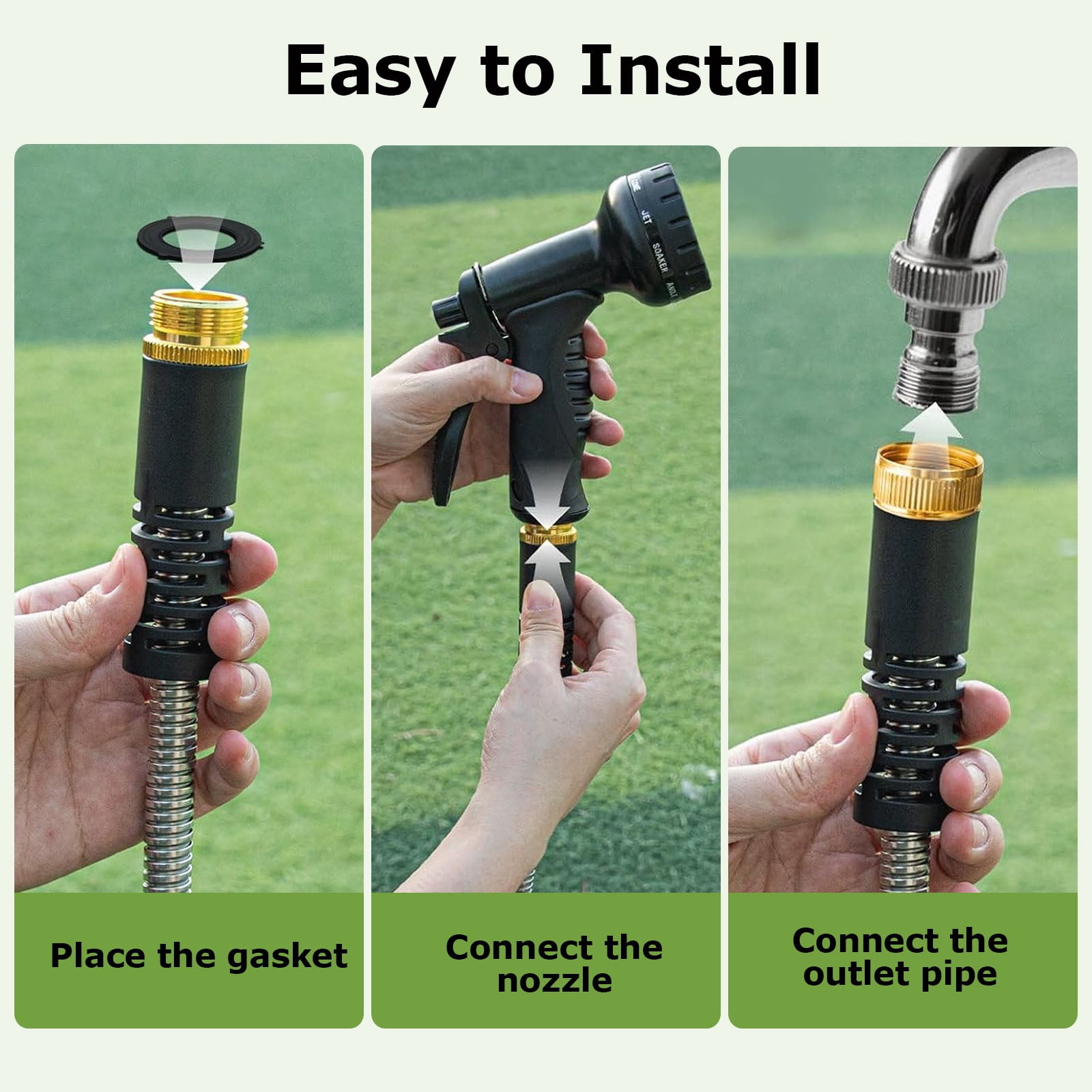 Kisportee Garden Hose 50ft, Heavy Duty Stainless Steel Water Hose with 10 Functional Nozzles, No Kink, Lightweight & Flexible, Easy to Use & Store, Strong and Sturdy, Suitable for Yard, Lawn