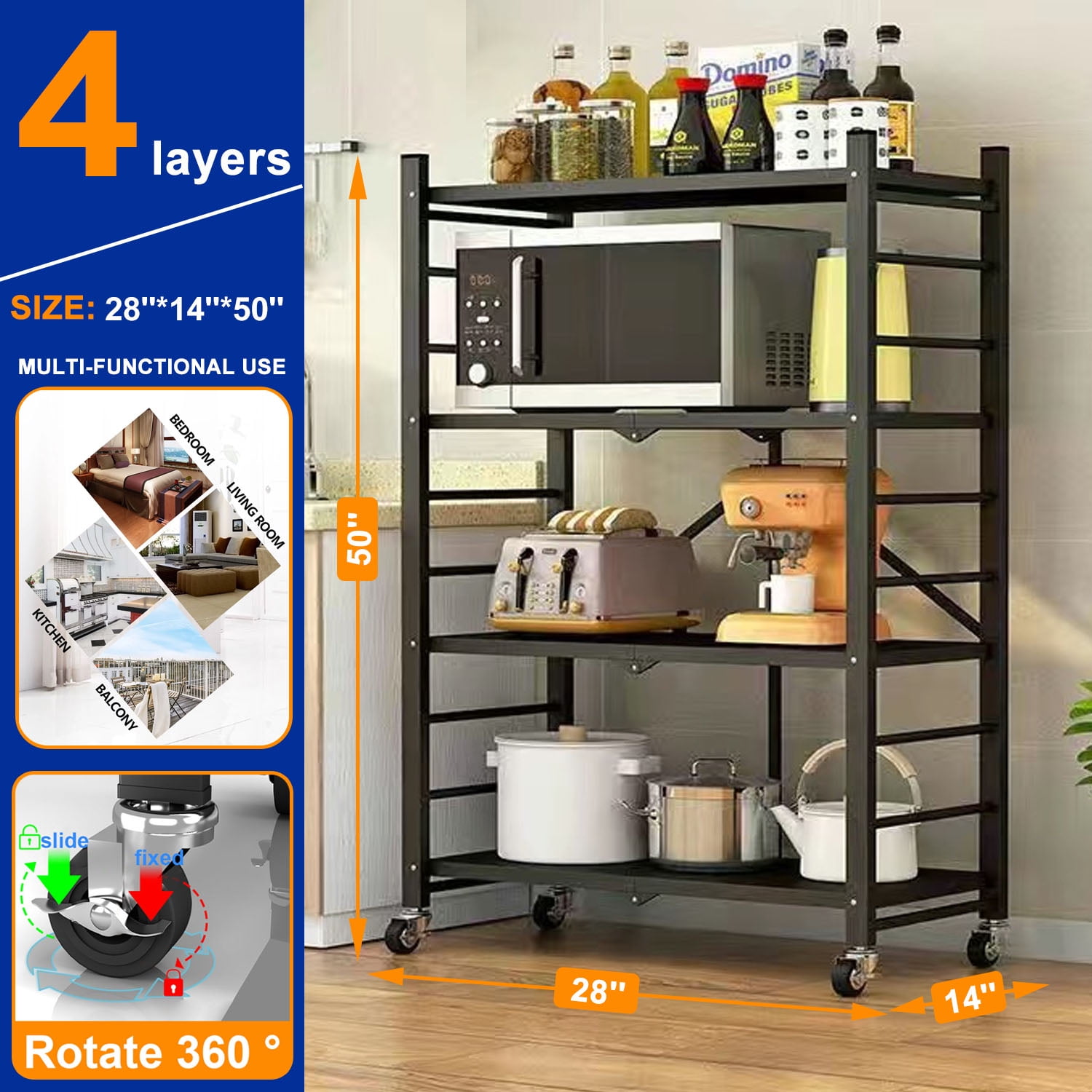 4-Tier Storage Shelving Unit, 397lbs Capacity Heavy Duty Metal Shelf , Foldable Storage Shelf with Wheels, Garage Shelf, Metal Storage Rack, Kitchen Shelf , No Assemble Require