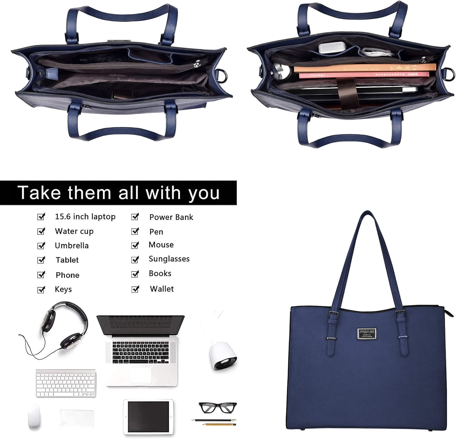 MOSISO Laptop Tote Bags for Women 15.6 inch laptops Curved Waterproof PU Leather Briefcase with Small Pouch