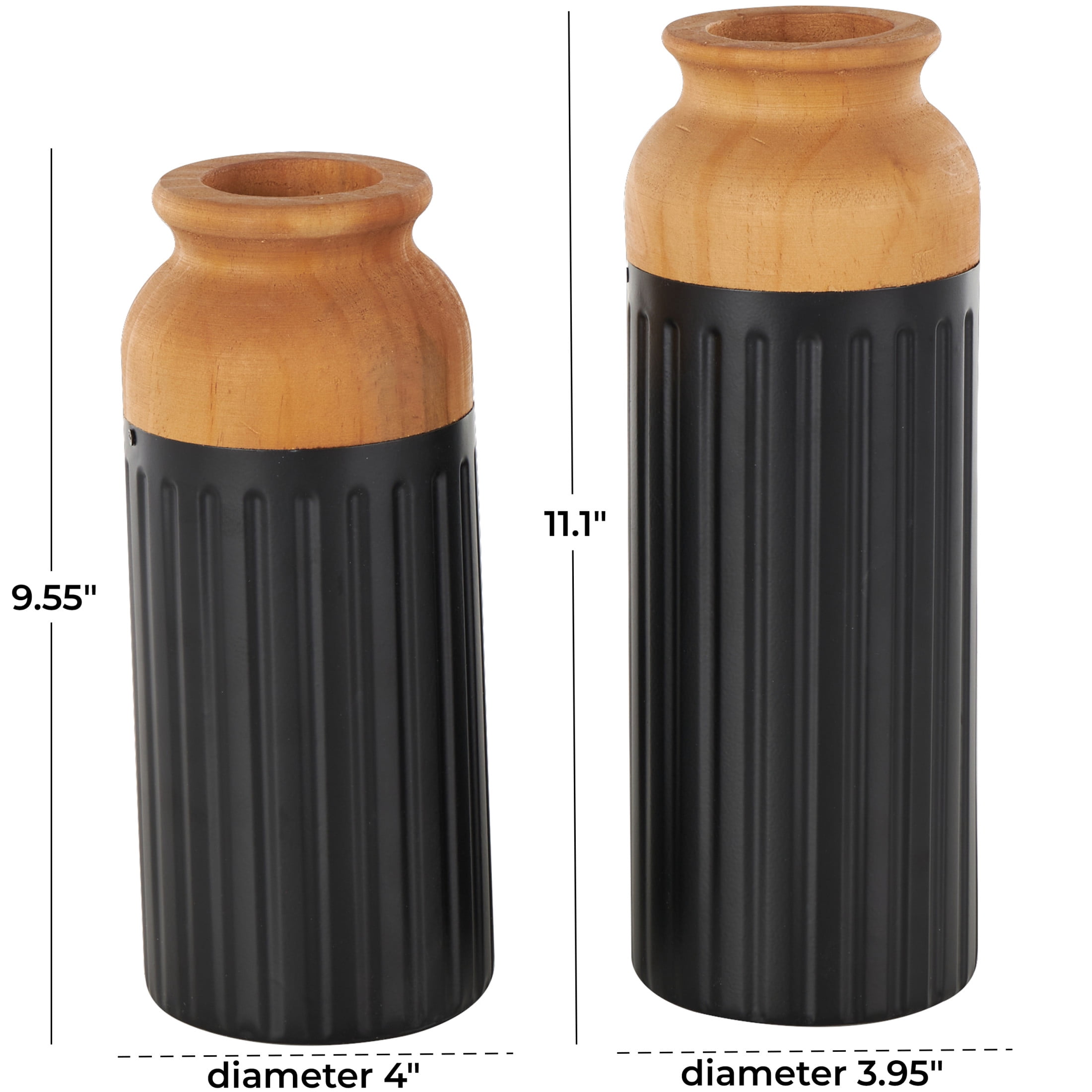 DecMode 11", 10"H Color Block Black Metal Vase with Rounded Linear Grooves and Brown Wood Tops, Set of 2