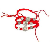 Red Saint Benedict Three Silver Tone Medal Adjustable Red Cord Wrist Bracelet (SET OF 3) Pulsera San Benito