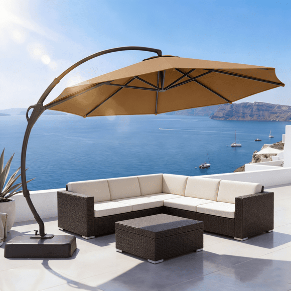 LAUSAINT HOME 11 FT Outdoor Patio Umbrella with Base, Aluminum Cantilever Umbrella with Crank, Tan