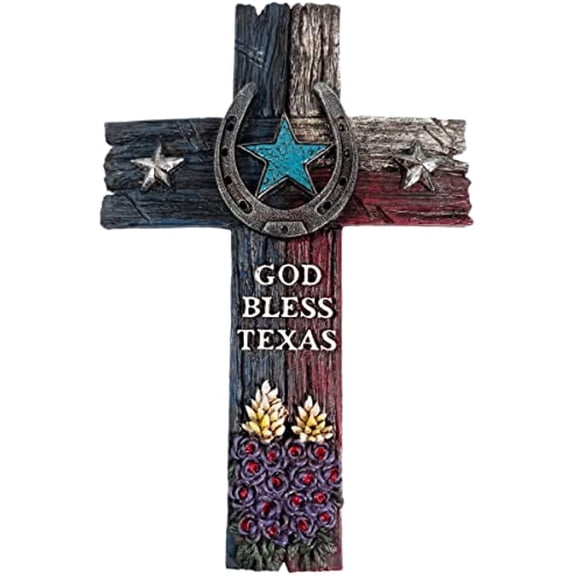 Urbalabs Western 11.75 Inch Wall Cross God Bless Texas Blue Bonnet Cross Teal Star Distressed Wall Hanging Cross Country Wall Decor Room Decoration Office Church Home (God Bless Texas)