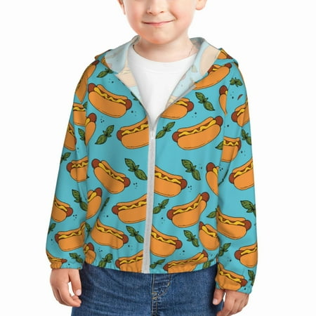 

Junzan Hot Dog 5 for Kids Sun Protection Hoodie Boys Rash Guard with UPF 50+ Sun Protection Summer Jacket Long Sleeve Fishing Hiking Sun Shirt-2 Years