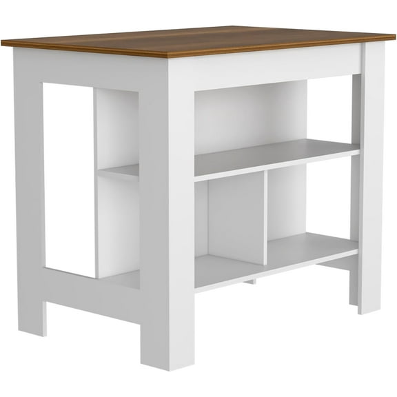 Tuhome Cala Kitchen Island with 3 Open Shelves & Stool Storage, Kitchen Storage White - Walnut
