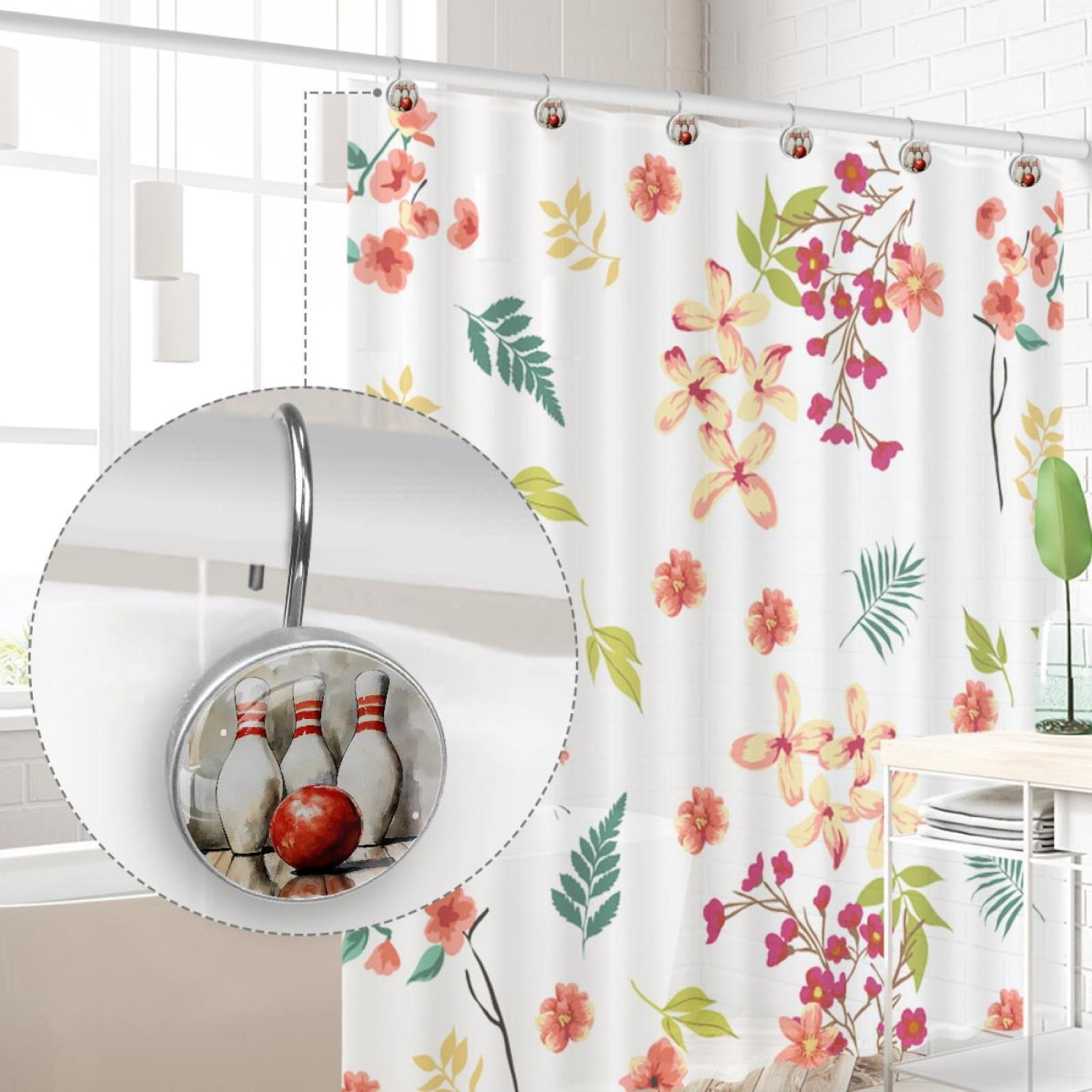 Watercolor Bowling Pins Ball Shower Curtain Hooks Round Crystal Glass, Set of 12 Shower Curtain Rings - Shower Hooks for Curtain Shower Rings