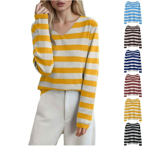 Zedker Knit Sweaters for Women Striped Color Block Long Sleeve Business Casual Ribbed Fitted Pullover Tops Black L