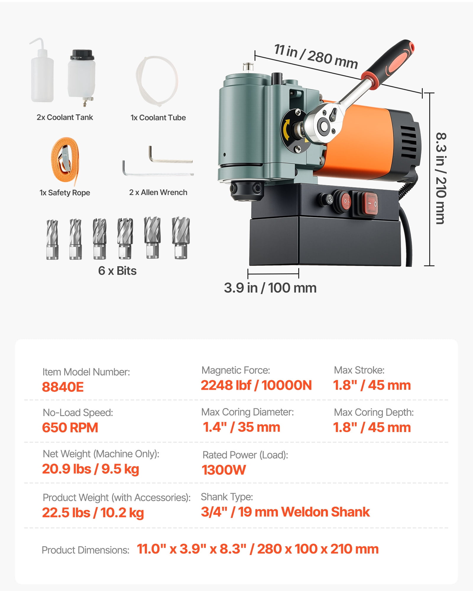 VEVOR Low Profile Magnetic Drill Press, 1300 W, 1.4 in Boring Diameter, 2248 lbf Power Portable Mag Drill Press, 650RPM Speed, with Weldon Shank, for Metal Surface, Industrial and Home Improvement