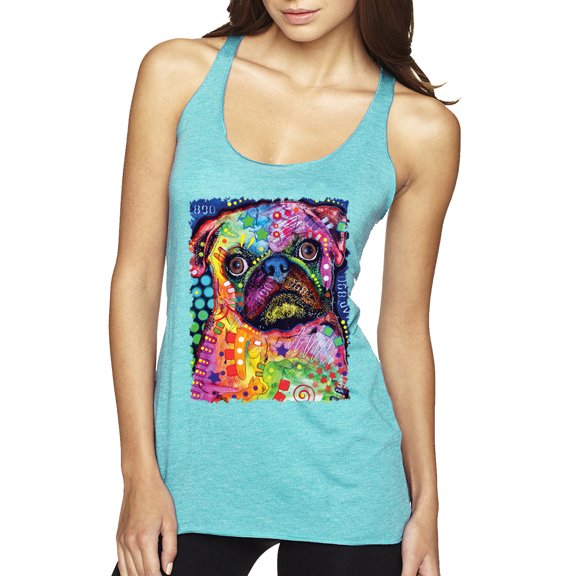 Funny Neon Pug | Dean Russo Art Animal Lover Tri-Blend Racerback Tank Top, Tahiti Blue, Medium