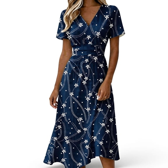 QSAWXQZ Women's Floral Wrap Midi Dress Short Sleeve V Neck A Line Sundress Vacation Outfit Casual for Summer L