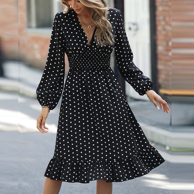 Pisexur Robe à Manches Longues Col en V Mode Femme Manches Longues Imprimé Col en V Dames Sortie Vacances Robe Longue Robes Femmes