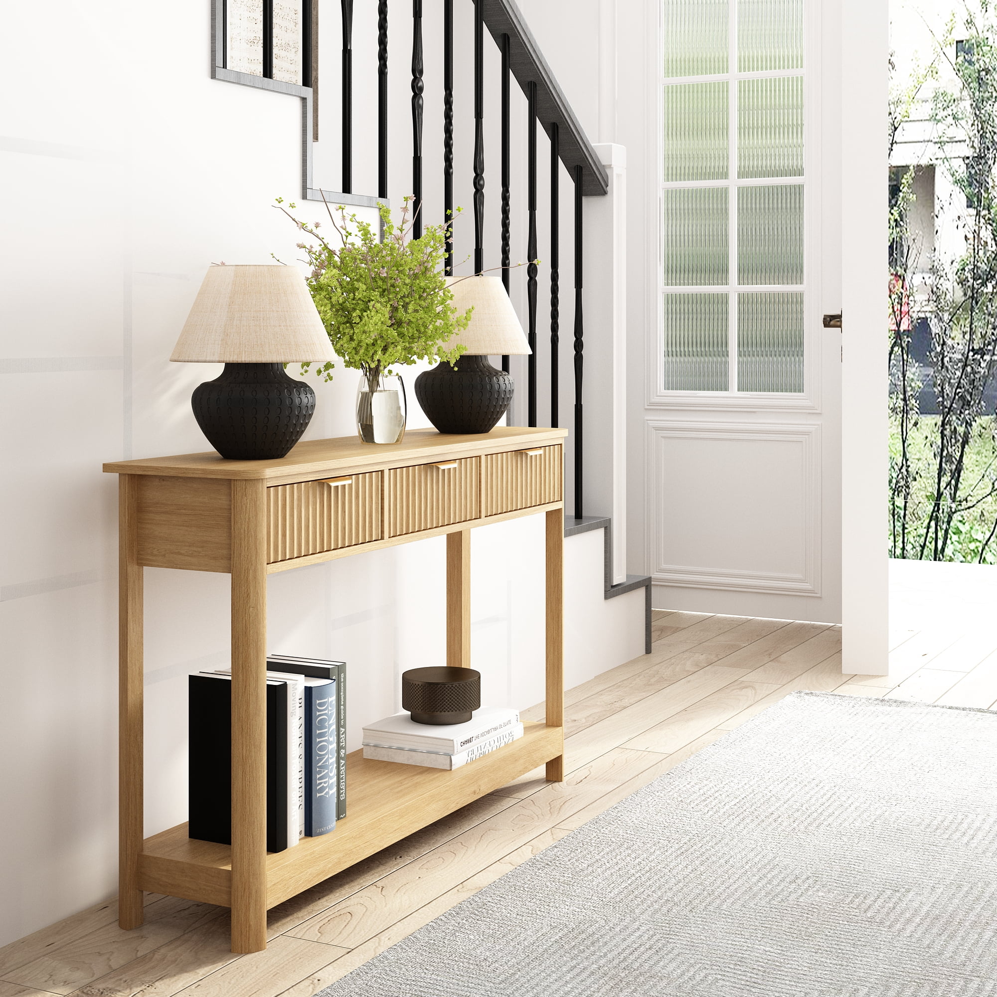 47" Fluted Console Table with 3 Storage Drawers, Narrow Entryway Table, Wood Sofa Couch Table for Living Room Entrance