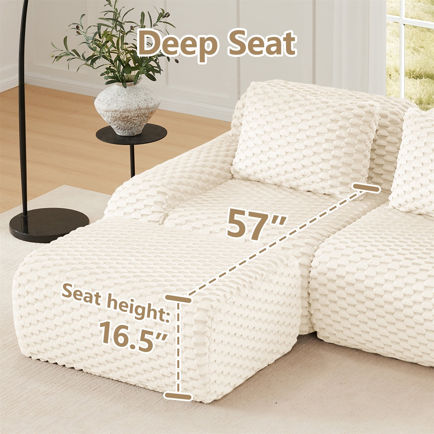 Alvantor 114" Cloud Modular Sectional Sofa with Movable Ottoman, U Shaped Deep Seat Flannelette Boneless Couch for Living Room Bedroom Cream