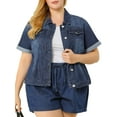 thumbnail image 5 of MODA NOVA Juniors Plus Size Fall Button Down Crop Jean Trucker Denim Jacket 4X Navy Blue, 5 of 6