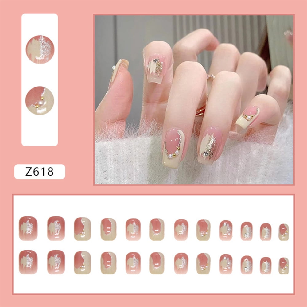 Spring & Summer Light Yellow Fake Nails French Gold Flash Powder ...