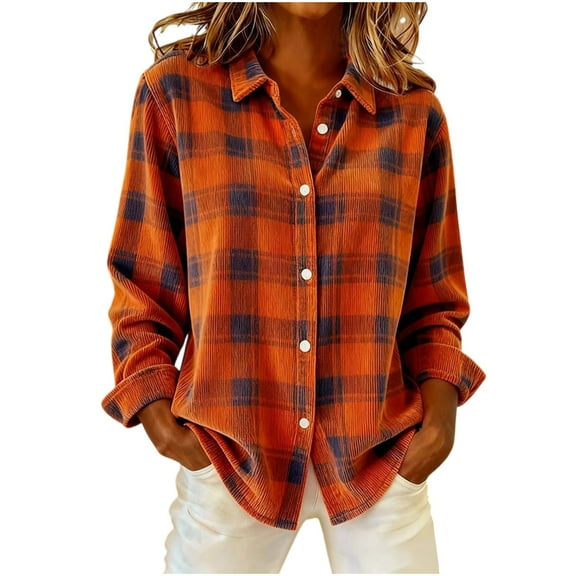 Womens Christmas T-Shirts, Long Sleeve Shirts for Women Fall Fashion Plaid Printed Lapel Button Down Dressy Blouses