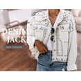 thumbnail image 3 of Borke Women's Long Sleeve Rivet Studded Denim Jacket Casual Washed Pearl Short Jean Coat, 3 of 9
