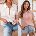 thumbnail image 5 of Womens Short Sleeve Shirts V Neck Collared Button Down Shirt Tops with Pockets - White+pink, 5 of 6
