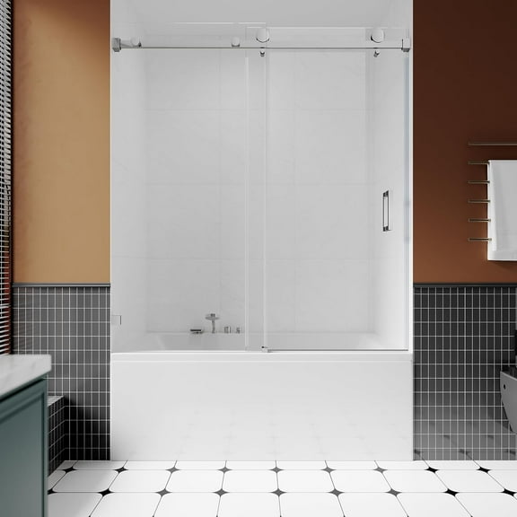 UKS05-3/8" (10mm) Sliding Glass Shower Door for Bathtub, 56-60" W x 66" H Frameless Bathroom Door with Easy-Cleaning Coating