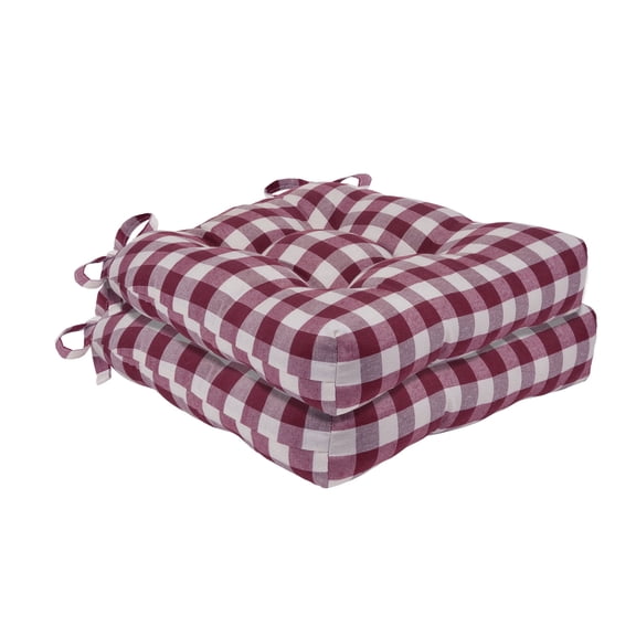Achim Buffalo Polyester & Cotton Tufted Chair Seat Cushions, Checkered Burgundy, 16 in x 15 in x 3 in, Set of Two