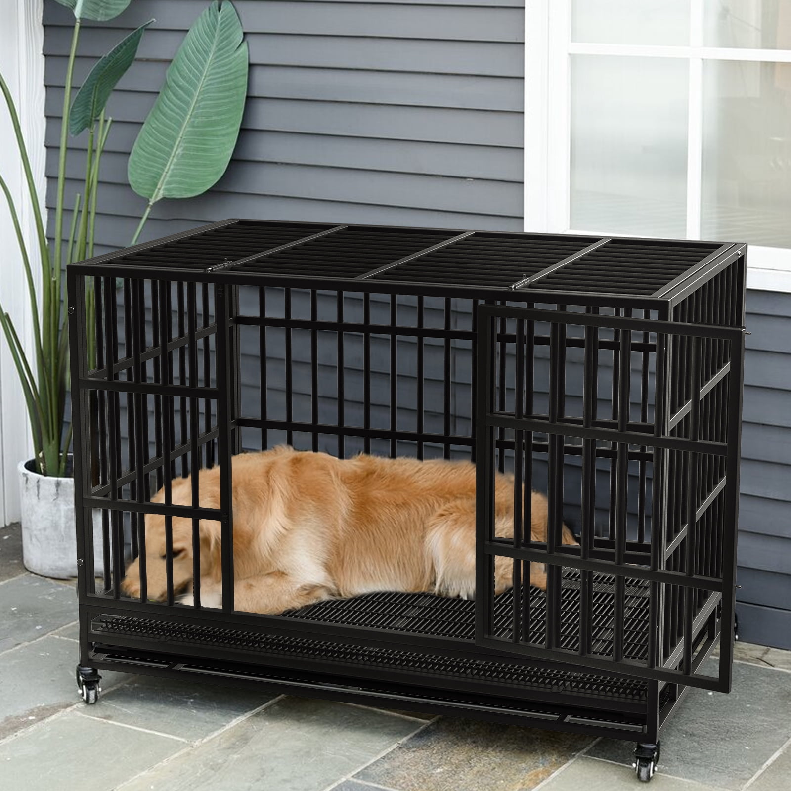 Waleaf 48 inch Heavy Duty Dog Crate, Indestructible Dog Cage Kennel for High Anxiety Dog, Escape Proof & Sturdy Locks Design, Extra Large Crate Indoor with Double Door and Removable Tray