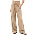 thumbnail image 3 of Women's Cotton Loose Casual Pants with Pockets, Mid Elastic Waist Drawstring, Solid Lightweight Soft Stretchy, Morning Lounge Beach Outdoor, Womens Trousers Long Straight Pants, 3 of 7