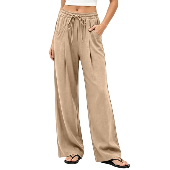 BLTIBY Casual Pants for Women Drawstring Elastic Waist Trousers Loose Fit Wide Leg Bottoms Beach Vacation Lounge Pant with Pockets Khaki S