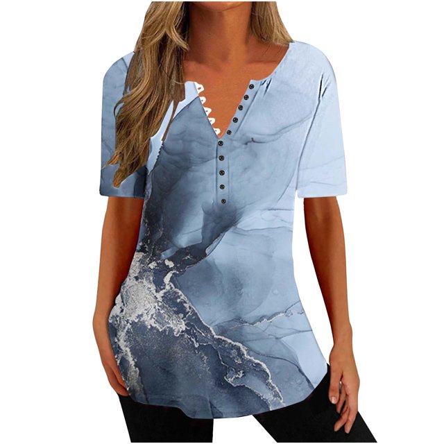 Bowake Women's Summer Short Sleeve Office Blouse Dressy Casual Loose Tunic Tee Shirts Basic V Neck Button Work Tops