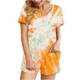 thumbnail image 3 of 2 Piece Pajamas Sets for Women Summer Tie-dye Outfits Short Sleeve Pleated V Neck Top and Shorts Set lounge Homewear (S, Orange 02), 3 of 5